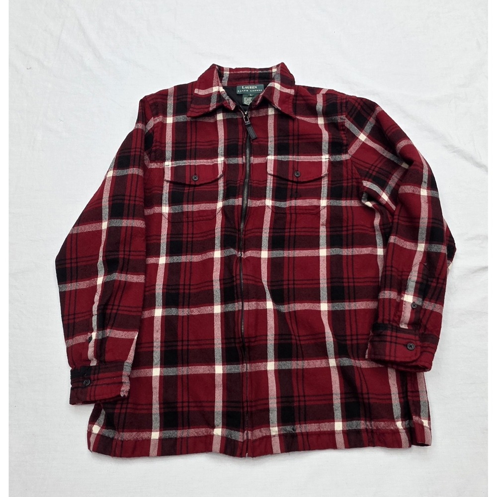 Vintage Lauren‎ Ralph Lauren Red Plaid 100% Wool Zip Jacket Women's Size Large